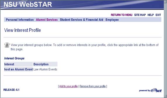 WebSTAR for Alumni View Interest Profile screen